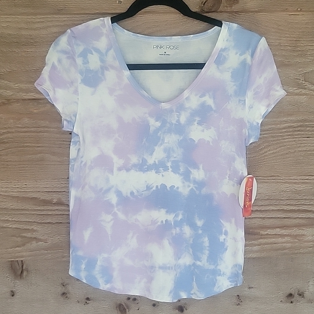 Pink Rose Medium Blue and Purple Tie Dye Vneck Short Sleeve Tee NWT